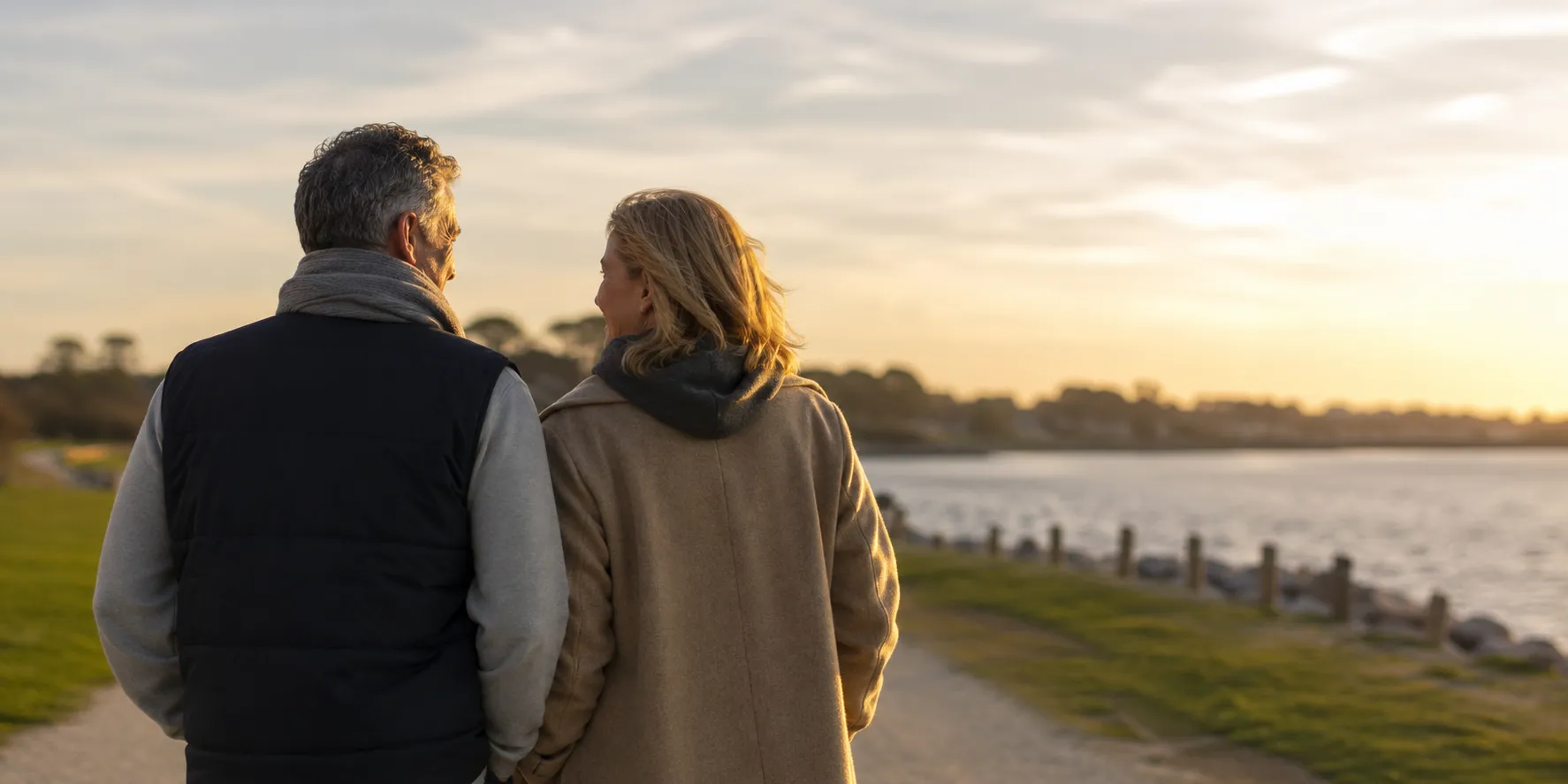 Couple senior se promenant au bord de l'eau au coucher du soleil