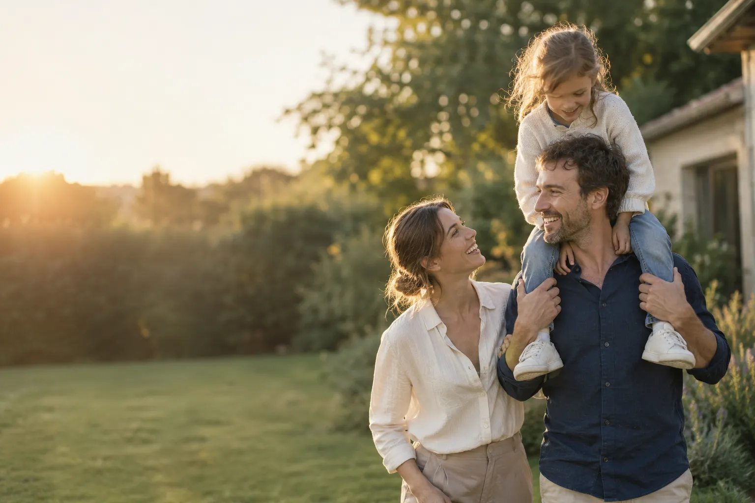 Famille profitant d'un moment complice dans un jardin au coucher du soleil
