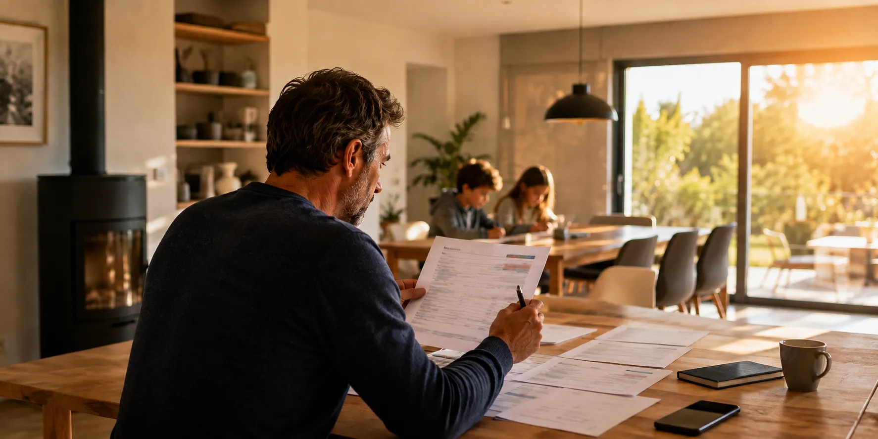 Homme analysant des documents financiers à table, famille en arrière-plan